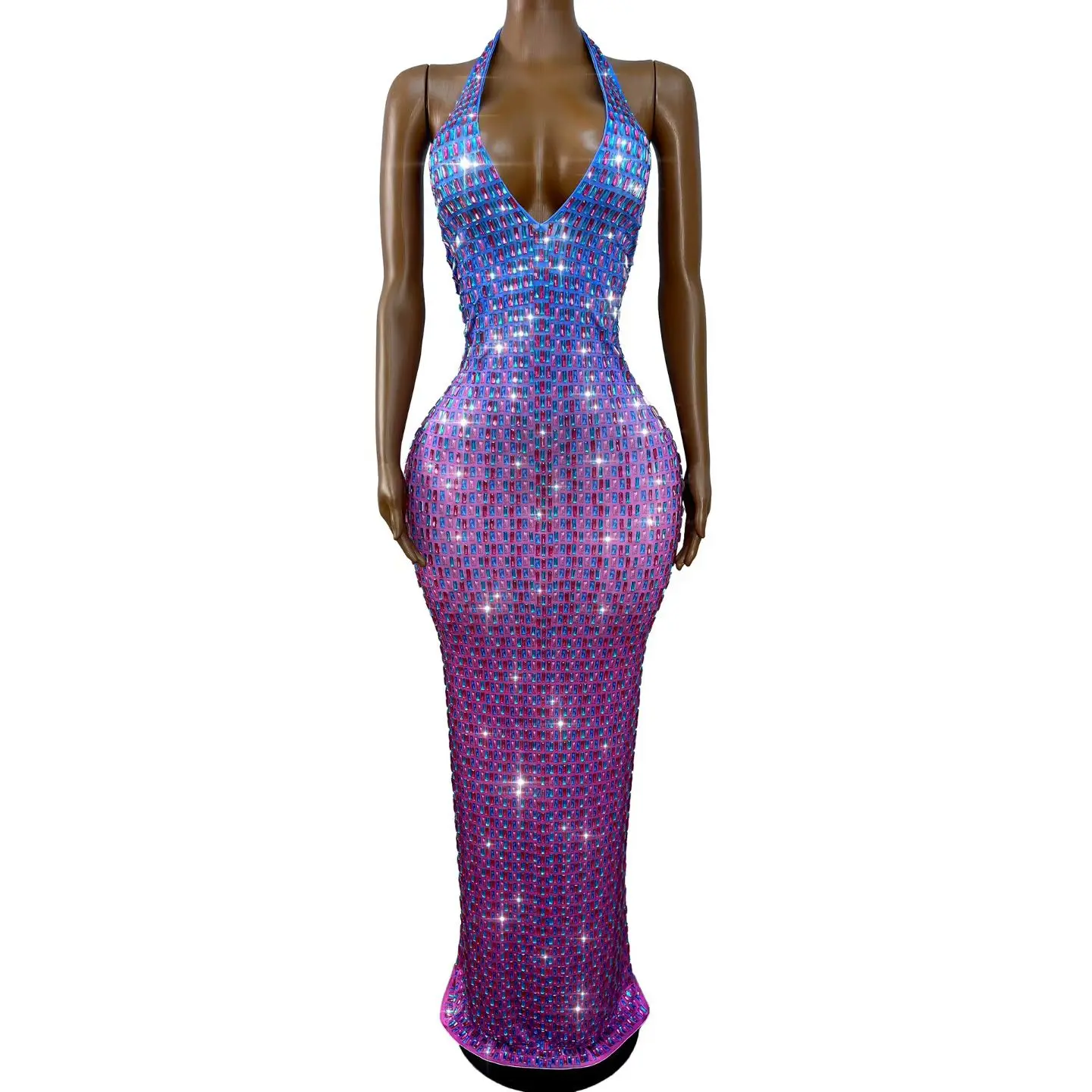 Sexy V Neck Rhinestone Birthday Wedding Graduation Prom Long Dress Women Backless Evening Banquet Formal Bodycon Dress Club Wear