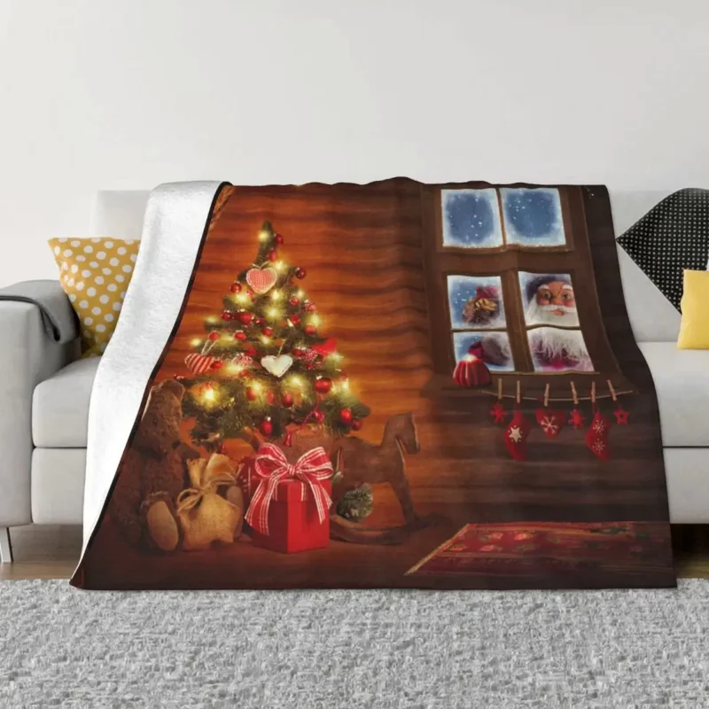 Merry Christmas Tree Santa Gift Knitted Blanket Fleece New Year Lightweight Throw Blankets for Home Couch Bed Rug