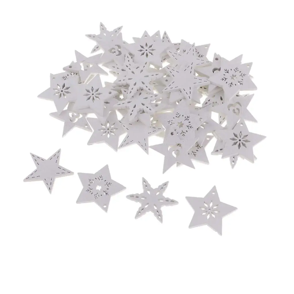 50 Pieces White Wood Cutouts Star Shapes Wood Snowflake Wooden Decorations Embellishment Making Christmas Decoration