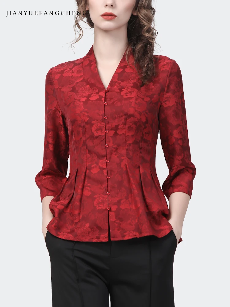 Women\' Red Jacquard Flowers Shirt Long Sleeve V-Neck Spring Summer Tops Vintage Slim Fit 2024 New Ladies Embroidered Blouses