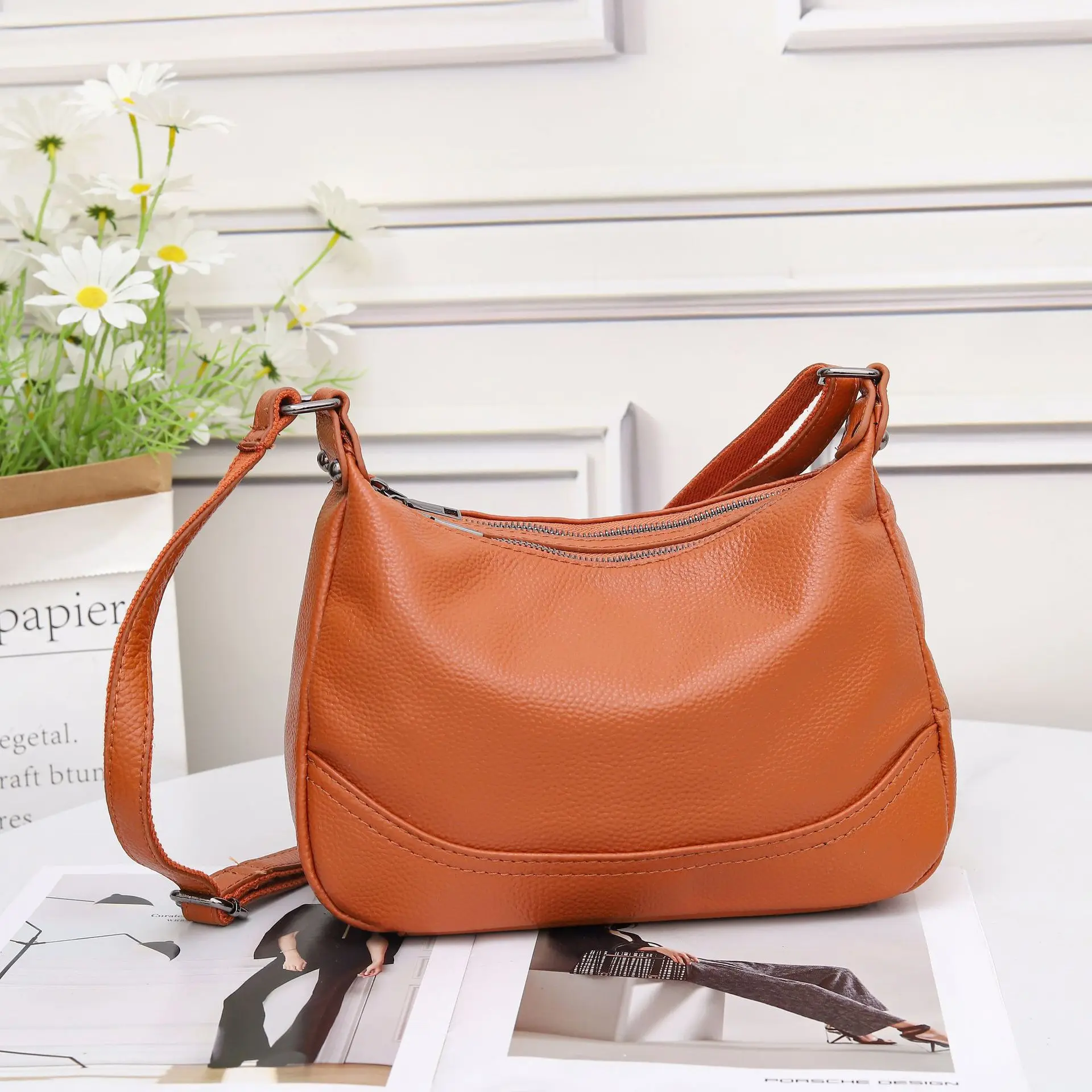 Top Grain Cowhide Leather Bag for Women Large Capacity Practical Dumpling Bag Versatile Shoulder Crossbody Purse for Daily Use