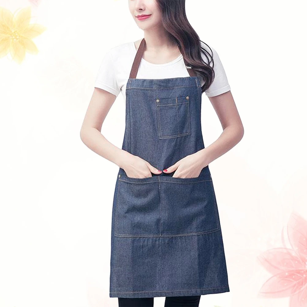

Fashion Denim Apron Adjustable Jean Work Bib With Pockets For Salon Kitchen Cafe Cotton Fabric Oil Dust Resistant