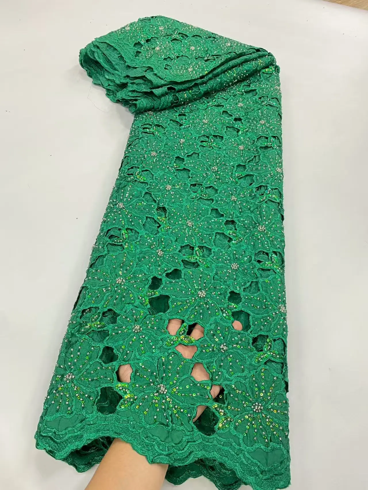 

African Fabric Lace High Quality 5 Yards 2025 In Green 2025 High-Quality Africa Nigerian Sequins Chiffon Embroidery Lace W721-1