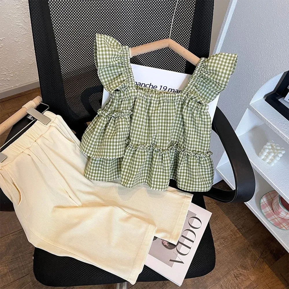 

Baby Girl's Casual Clothing Set 2023 New Summer Fly Sleeve Checked Slip Top+Solid Pants Two Piece Set