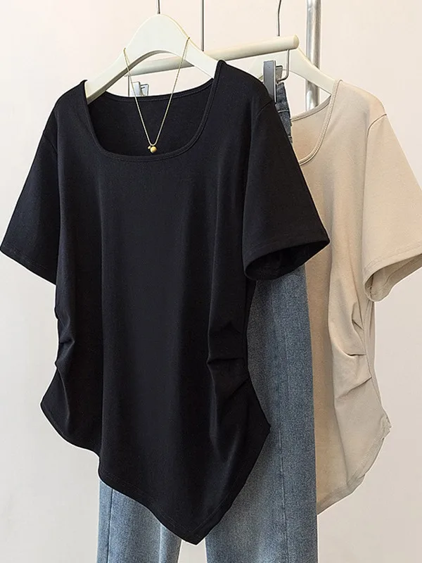 Hot Girl Short Sleeve T-Shirt Square Collar Irregular Design Women's plus Size Casual Style Sweat Absorbent Summer Top