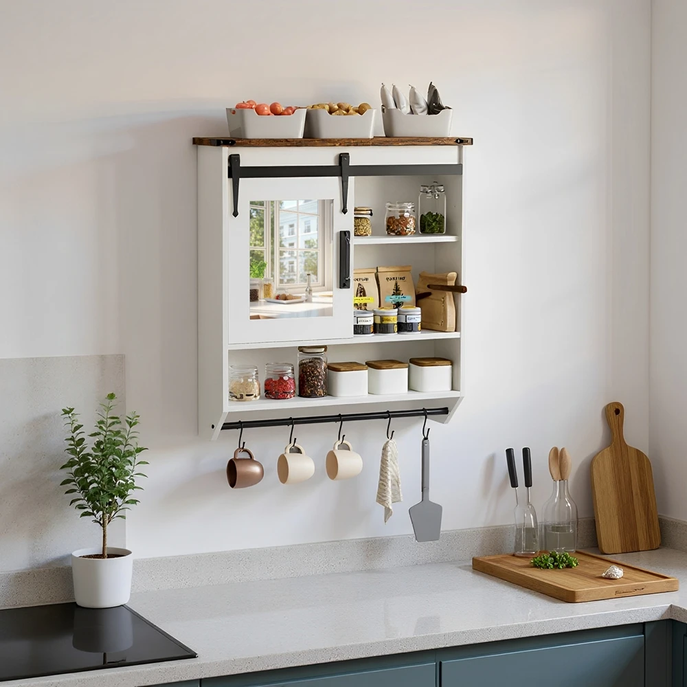 Bathroom Mirror Cabinet Wall Mounted Over Toilet Storage with Adjustable Shelf,Towel Bar & 5 Hooks,Also for Kitchen/Laundry