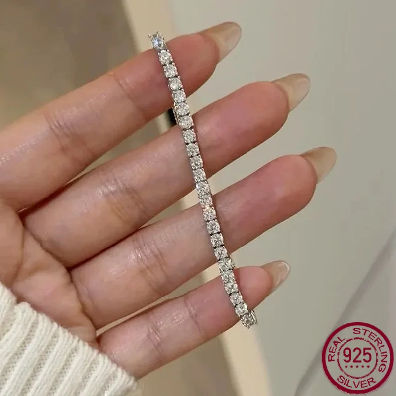 

New S925 Pure Silver High Carbon Diamond Full Diamond Bracelet 4mm Beautiful Diamond Silver Chain Wedding Jewelry