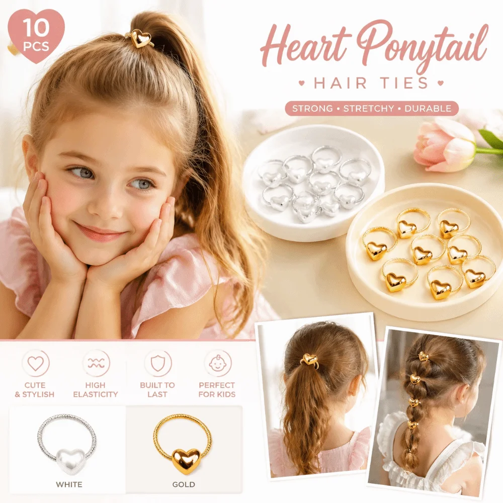 Set de 10 diademas infantiles doradas y blancas, con forma de corazón, trenzadas, elásticas, para sujetar el cabello, sin dañar, para coletas, diademas y aros para el cabello.