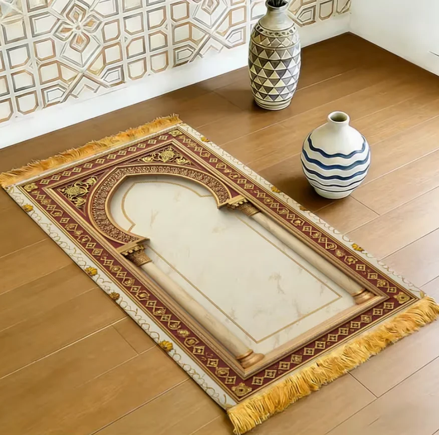 Travel-Friendly Prayer Mat Featuring An Ornate Arch and Easy To Carry, Suitable for Use As A Prayer Rug in A Flat 2D Style