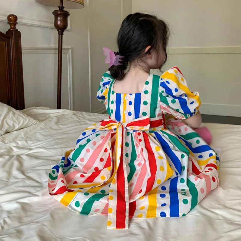 Summer Girls Colorful Dot Print Rainbow Waist Puffy Dress Square Neck Bubble Sleeved Sweet Princess Dress 3-8T