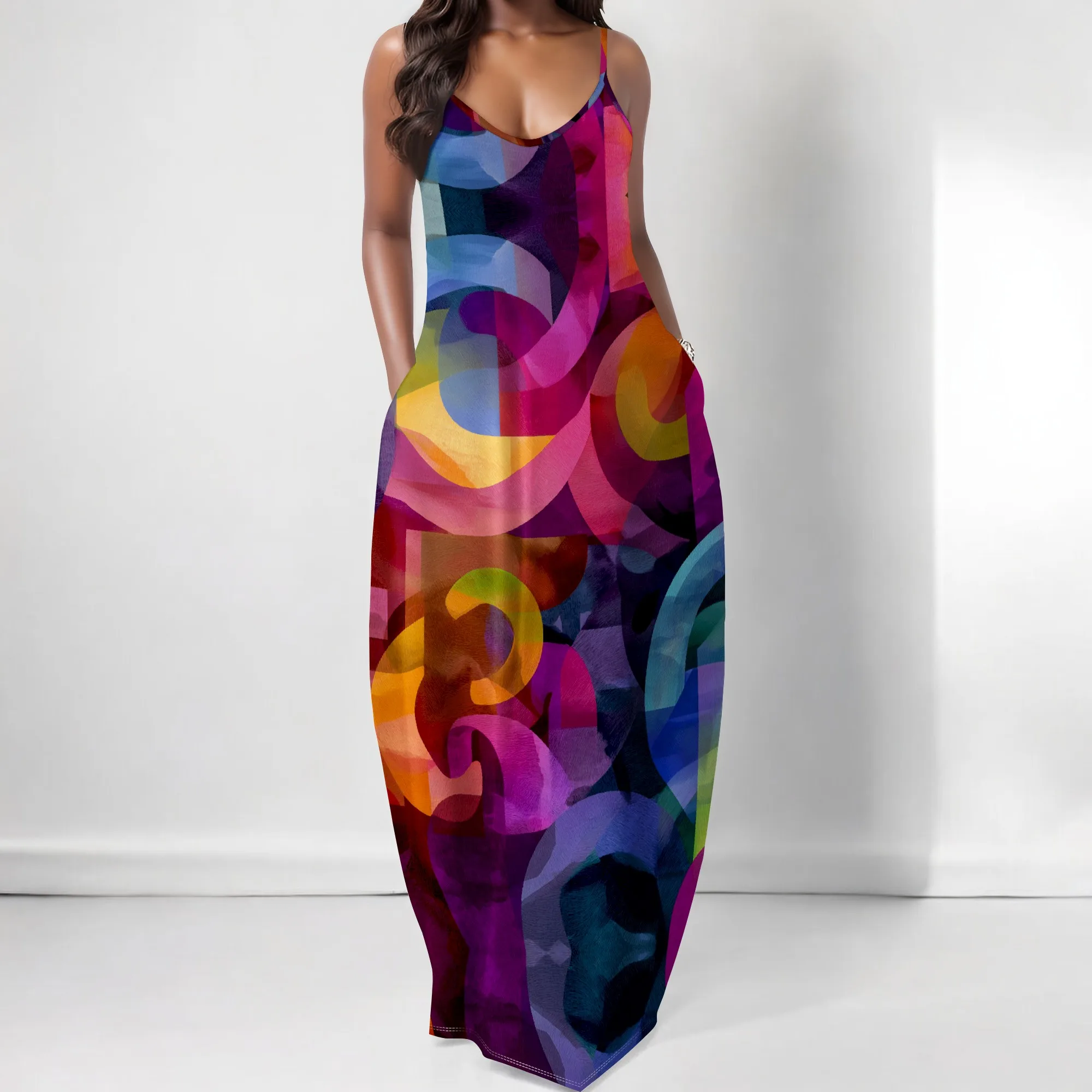 

Women's Abstract Print Maxi Dress Summer 2025 New Arrival V-Neck Boho Cami Party Sundress with Pockets S-3XL