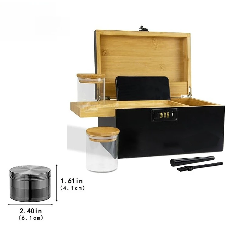 Bamboo storage box, large combination lock bamboo box, glass jar and herbal grinder, bamboo password box
