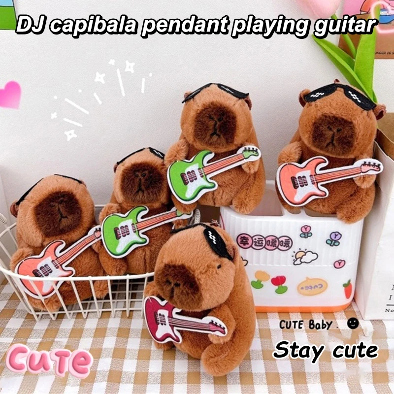 Guitar Kapibala Plush Toy Cartoon Capybara Pendant Soft Stuffed Doll Keychain Car Key Ring Backpack Bag Decor