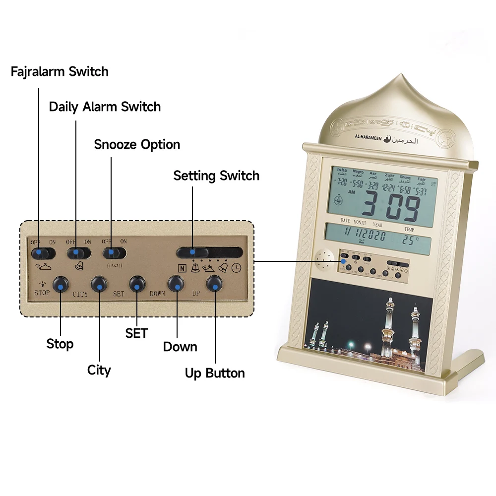 Azan Mosque Prayer Clock Islamic Mosque Calendar Muslim Prayer Wall Clock Digital Alarm Clock Ramadan Gift Table Home Decoration