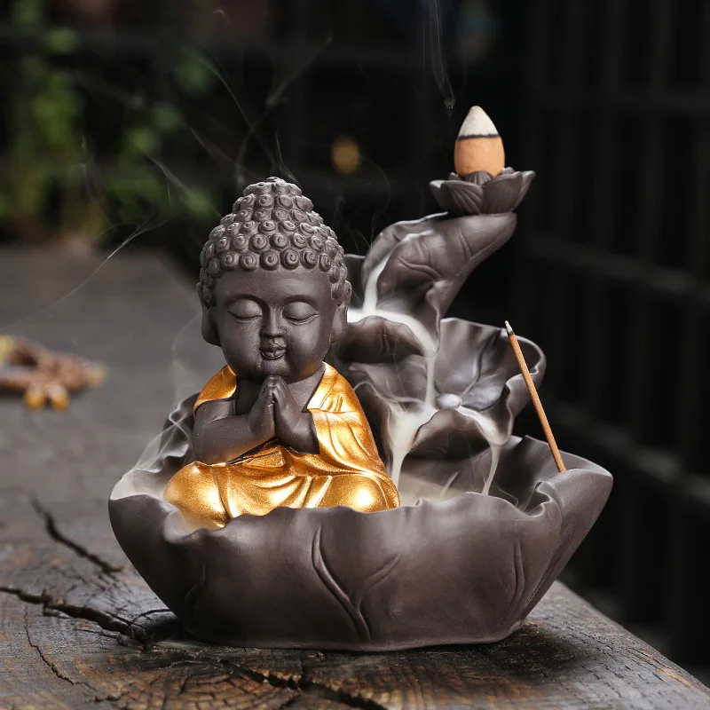 

Purple Clay Ceramic Backflow Incense Burner Craft Creative Lotus Leaf Buddha Statue Small Sha Mi Incense Burner Ornament