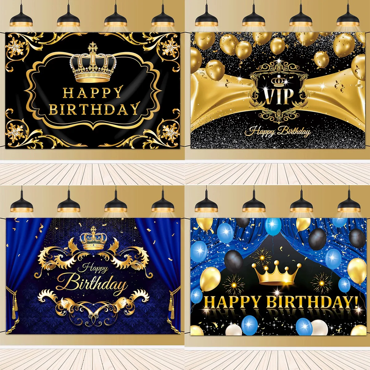 Happy Birthday Background Royal Crown Prince Gold Glitter Photo Backdrop Golden Curtain Customize Name Party Decoration Supplies