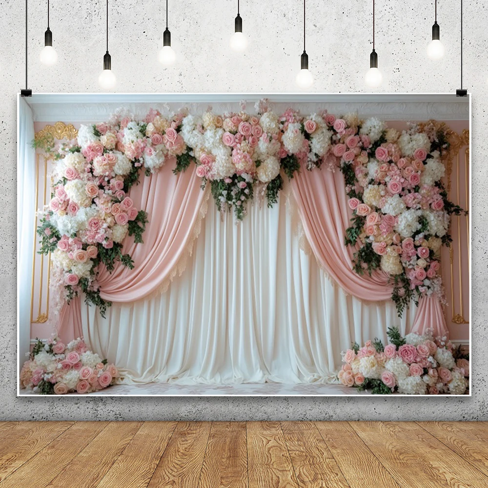 Romantic Curtain Flower Wall Photography Backdrop Wedding Engagement Party Arch Palace Decor Lover Portrait Photocall Background