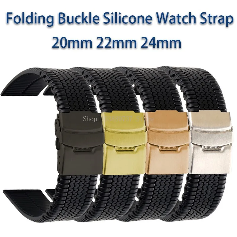 Silicone Watch Strap 20mm 22mm 24mm Soft Rubber WatchBand Men Women Folding Buckle Wristband Universal Waterproof Sport Bracelet