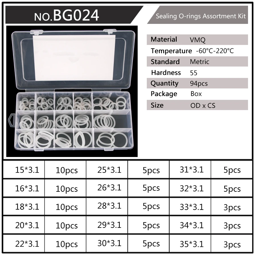 94 Stück VMQ Hochdruck-Dichtungs-O-Ringe, weiße Silikondichtung, Dichtungsersatz, Sortiment-Set, 15 große Größen, Außendurchmesser 15–35 mm, CS3,1 mm