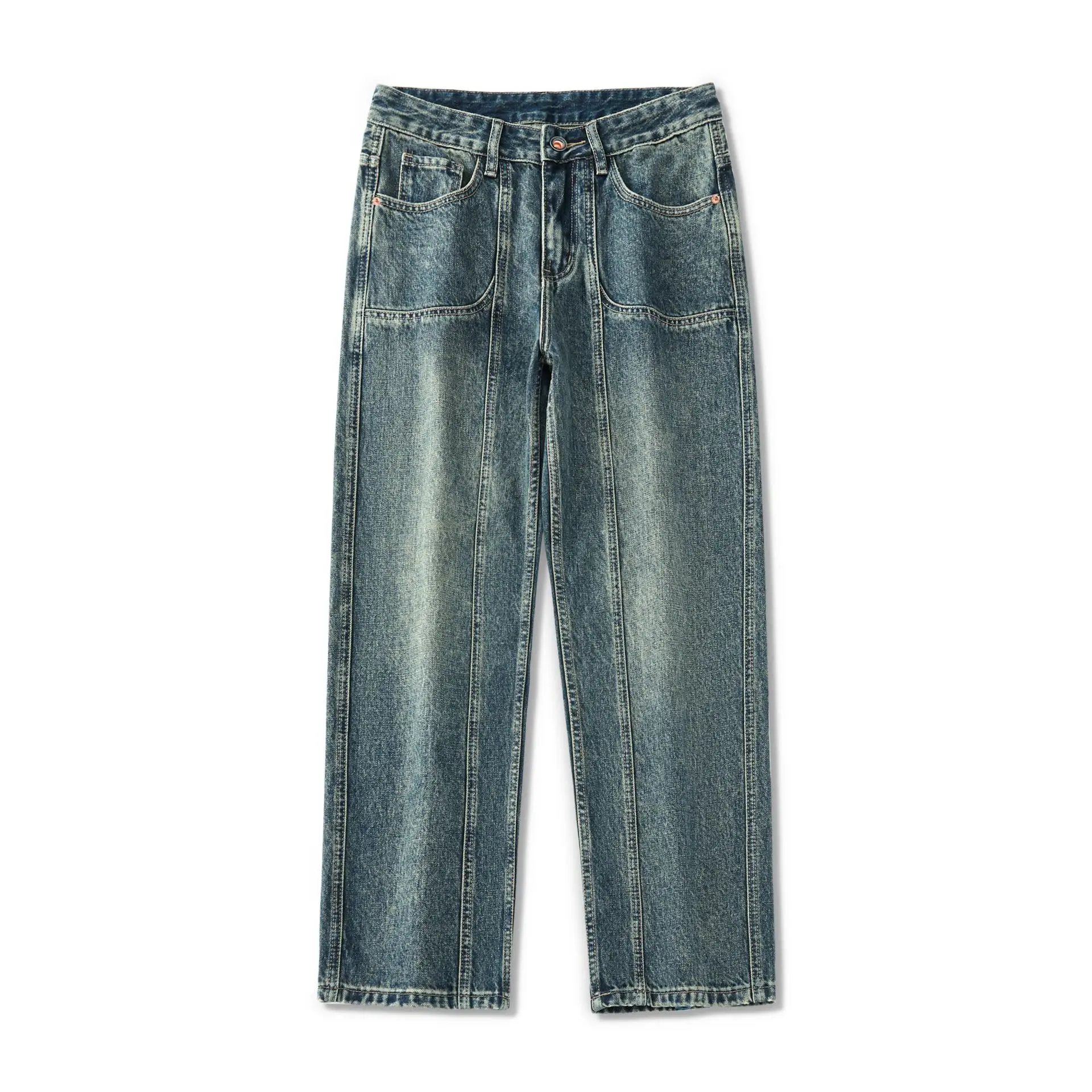 Fashion brand patchwork American style jeans men's autumn and winter new vintage and versatile loose straight leg long pants
