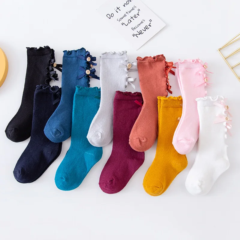 Bow Baby Mid-tube Socks Solid Color Wooden Ear Lace Children's Socks Multi-color Optional Breathable Absorbent Cotton Socks