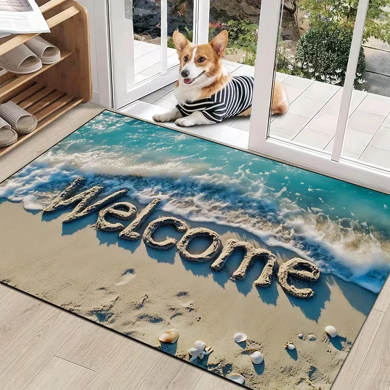 1pc Willkommen Wellen Strand Muster Anti Slip Eingang Tür Matte Matte Flur Schlafzimmer Küchen Badezimmer Terrassen Moderne Wohnkultur