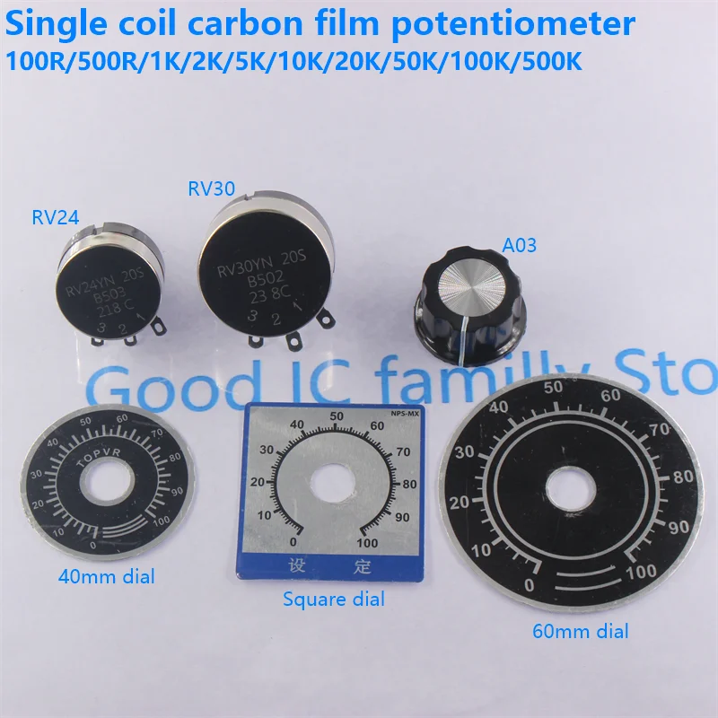 RV24YN20S 1K 2K 5K 10K 20K 50K 100K 103 102 1M Ohm Single Turn Carbon Film Rotary Taper Potentiometer With A03 Knob With Dial