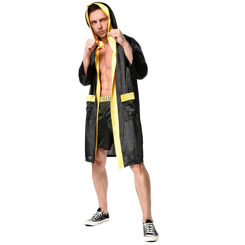 Mens Long Sleeve Cloak Robe Uniform Costume Hooded Thai Boxing Training Robe with Belt Edge Satin Boxer Jackets Cosplay Costumes