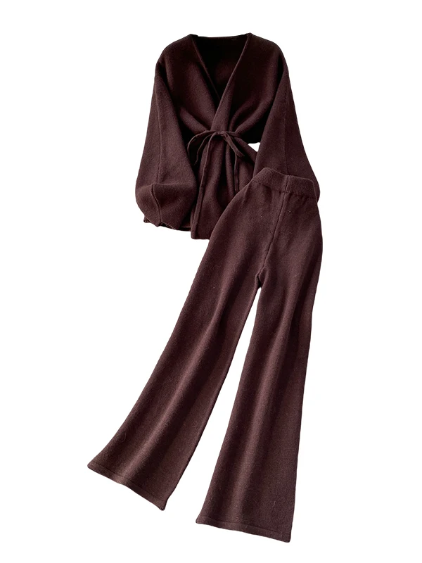 Setelan Fashion Wanita Ele Autumn Winter Batwing Sve Casual Cross Tie Waist Slimming Jaet plus Celana Kaki Lebar Pinggang Tinggi