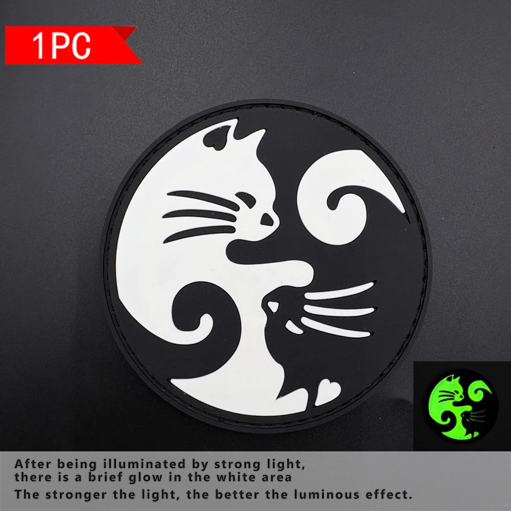 Cat Yin-Yang Pattern Round Patch Pvc Luminous Material Arm Patch with Velcro, Decorative Patch for Bags and Clothing, Includes Matching Felt Badge Patch as a Gift view 2