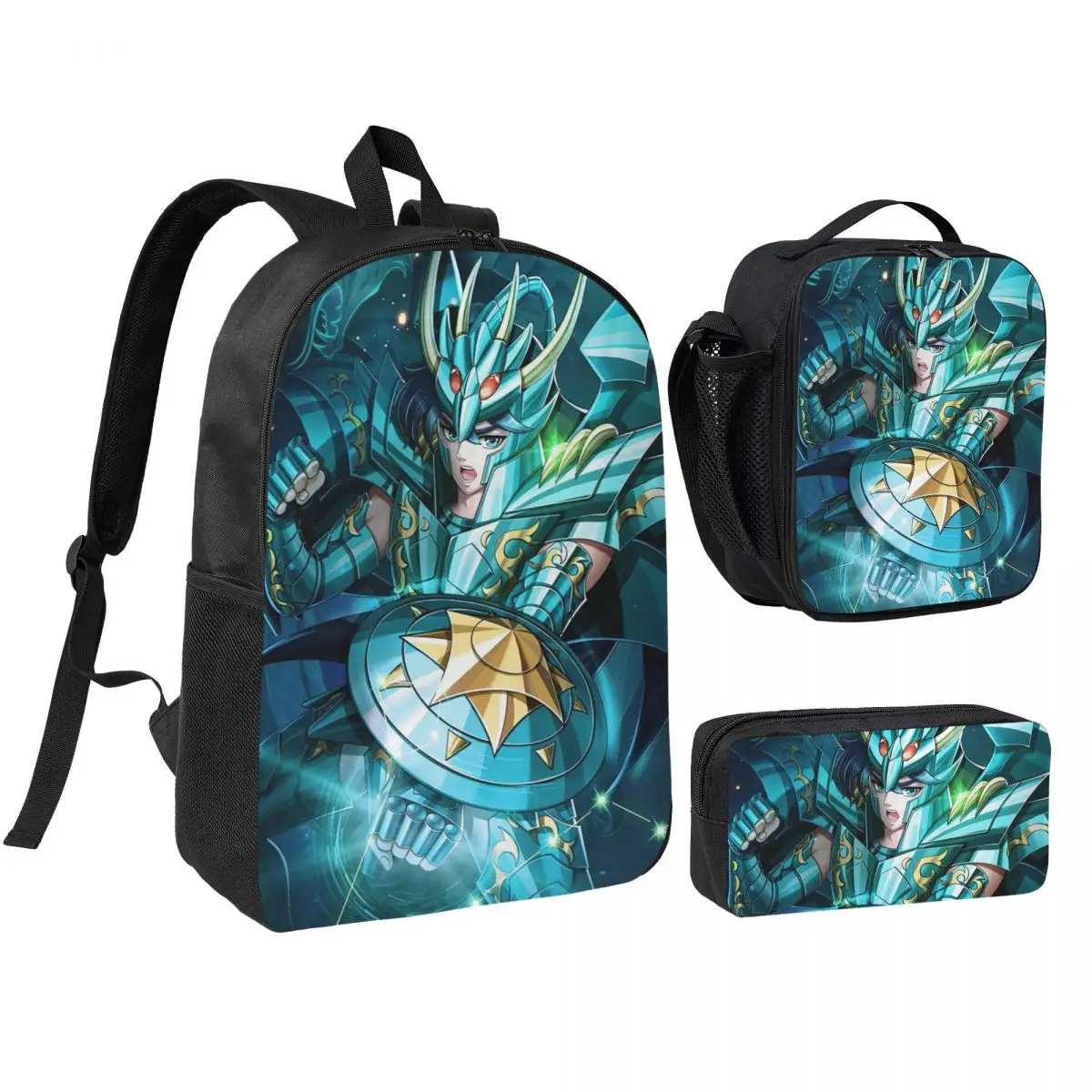 

Anime Knights Of The Zodiac Dragon Shiryu Backpack BookBag School Bag Shoulder Bags 3ps Insulated Lunch Bag Pencil Case