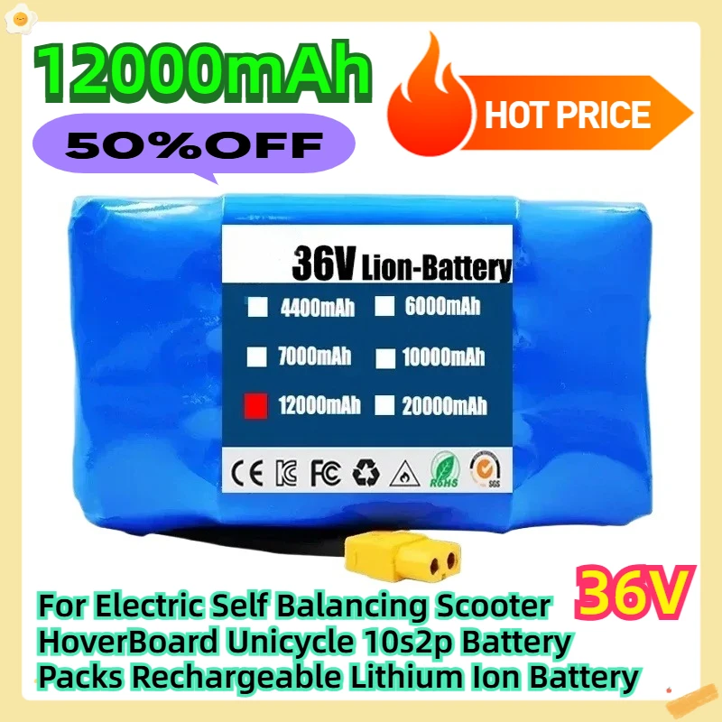 

12000mAh 36V For Electric Self Balancing Scooter HoverBoard Unicycle 10s2p Battery Packs Rechargeable Lithium Ion Battery
