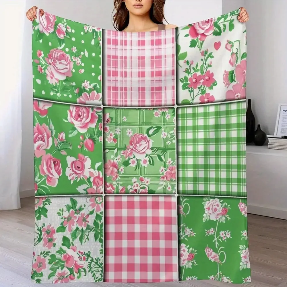 Patchwork Pink Rose Green Plaid Floral Print Flannel Blanket, Soft Warm Bed Blanket for Sofa Bedroom Camping Home Decor Gift