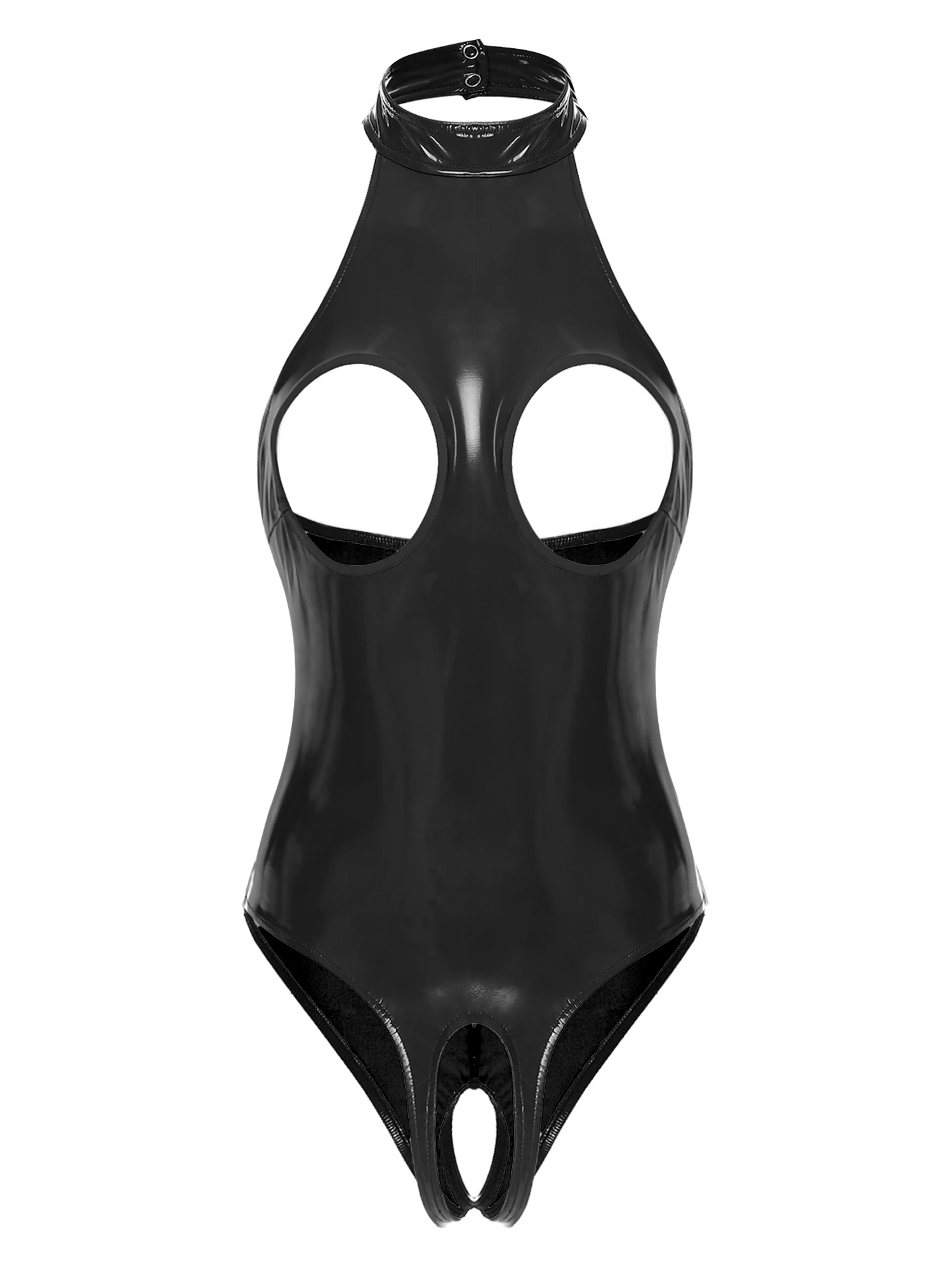 Kadın Seksi Islak Görünümlü Açık Göğüslü Bodysuit Lateks Catsuit Patent Deri Kasıksız Tulum Gece Kulübü Kıyafeti Rave Parti Kostümü