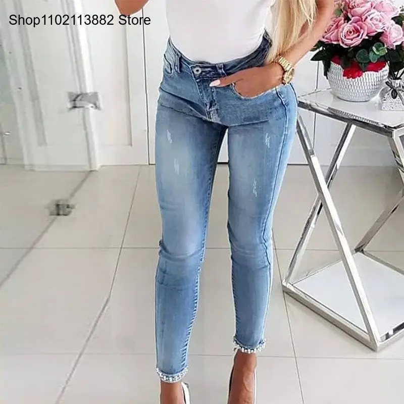 Spring and Summer Elegant Causal Pencil Pants High Waist Stretchy Skinny Jeans Denim Trousers Women Daily