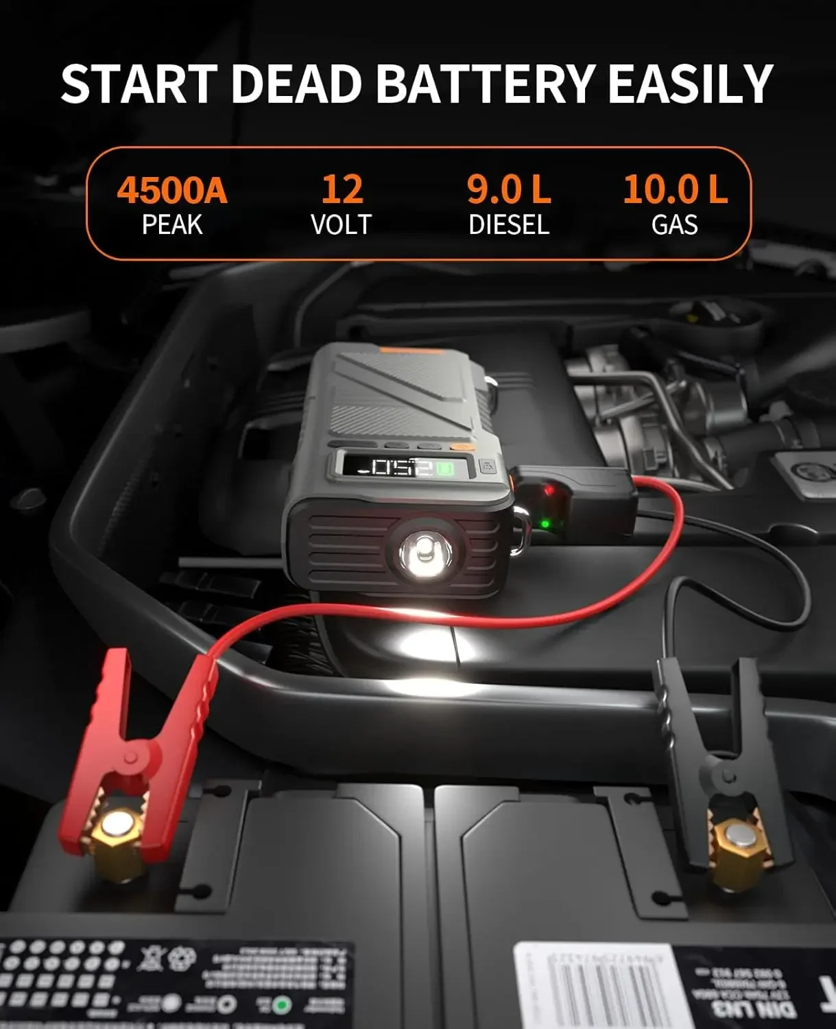 4500A Car Jumper Starter Portable Car Battery Jump Starter with Air Compressor(10L Gas/9 ) Combo 150PSI Tire Inflator