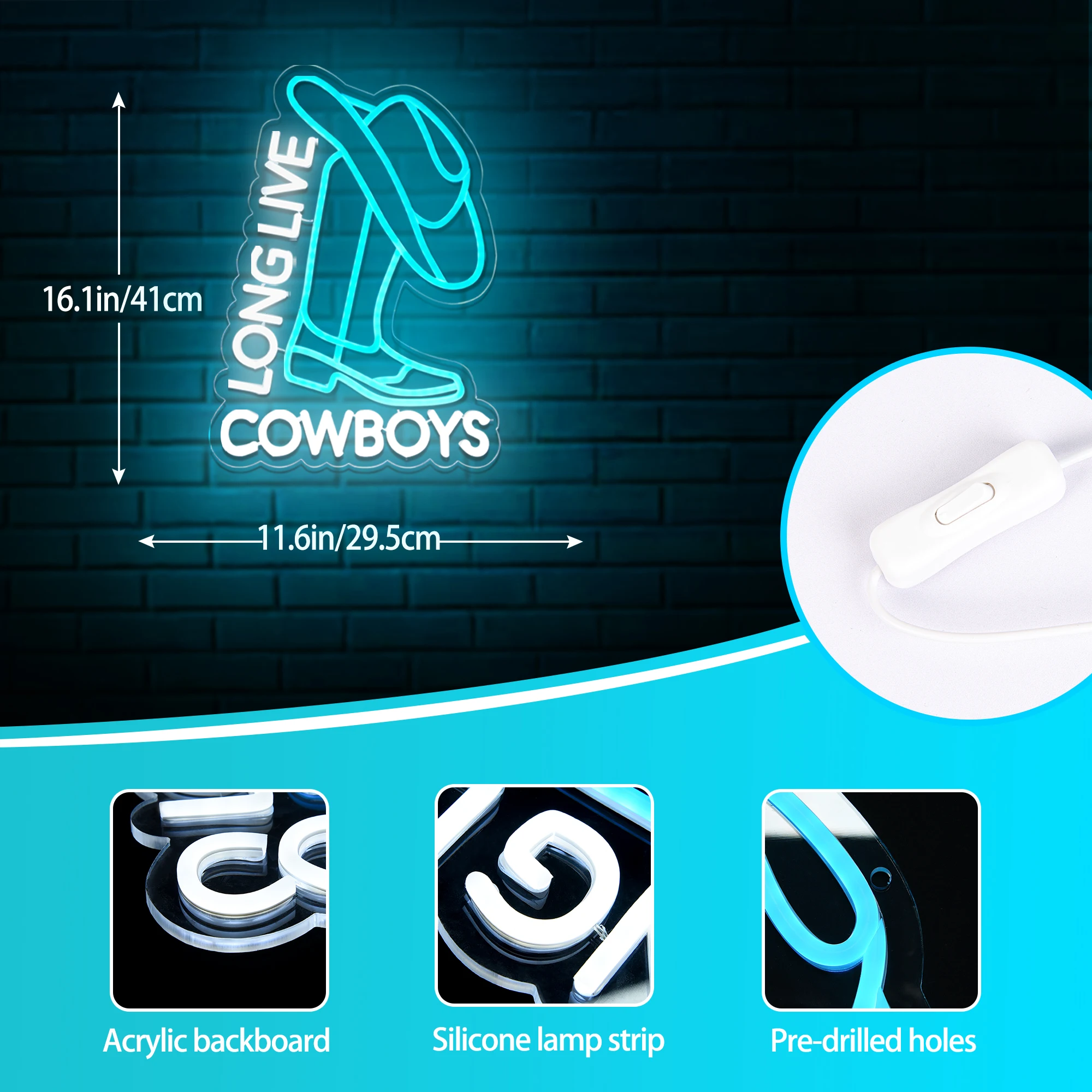 Stivale da cowboy Insegna al neon Long Live Cowboys Insegna al neon Cowboy Insegna al neon Decorazioni musicali Decorazioni per feste Decorazioni per la camera da letto Decorazioni natalizie