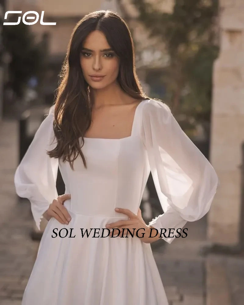 Sol colletto quadrato abiti da sposa in raso manica lunga in Chiffon abito da sposa da spiaggia lunghezza del pavimento personalizzato Backless Vestido De Novia 2023