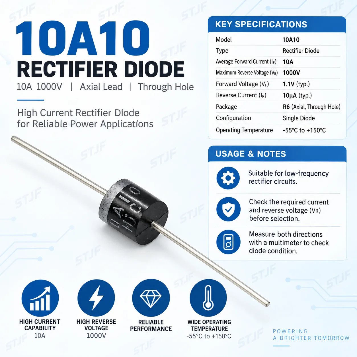 10/20pcs 10A10 Diodes 10A 1000V DO-27 Electrical Axial Rectifier Diodes Kit   10A10 Diodes 10A 1000V