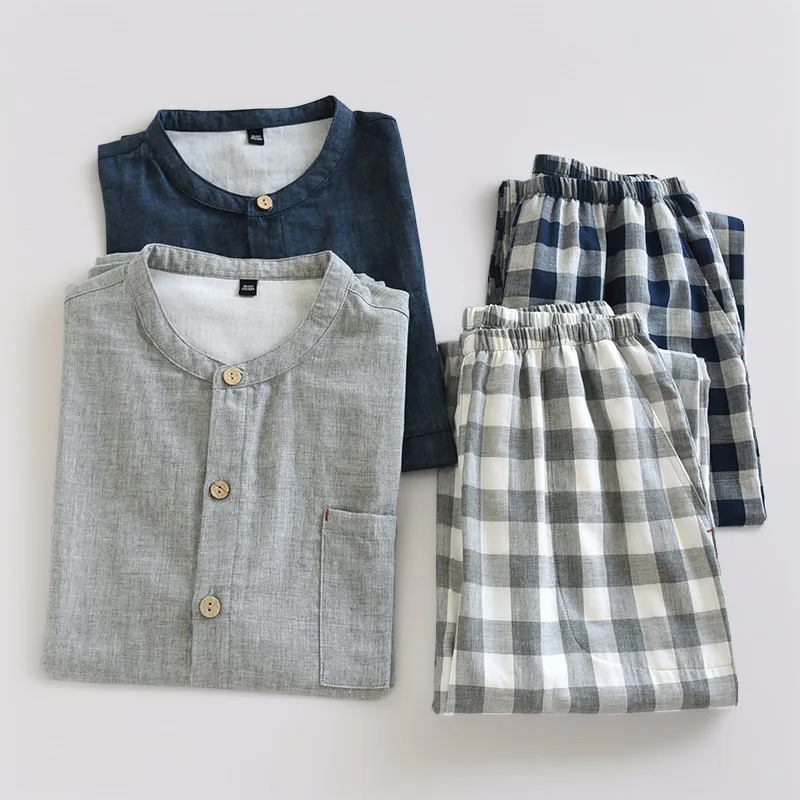Japanese Minimalist Plaid Men‘s Cotton Double Gauze Pajama Set, Button-Down Long Sleeve & Relaxed Fit, Breathable Lightweight Ve