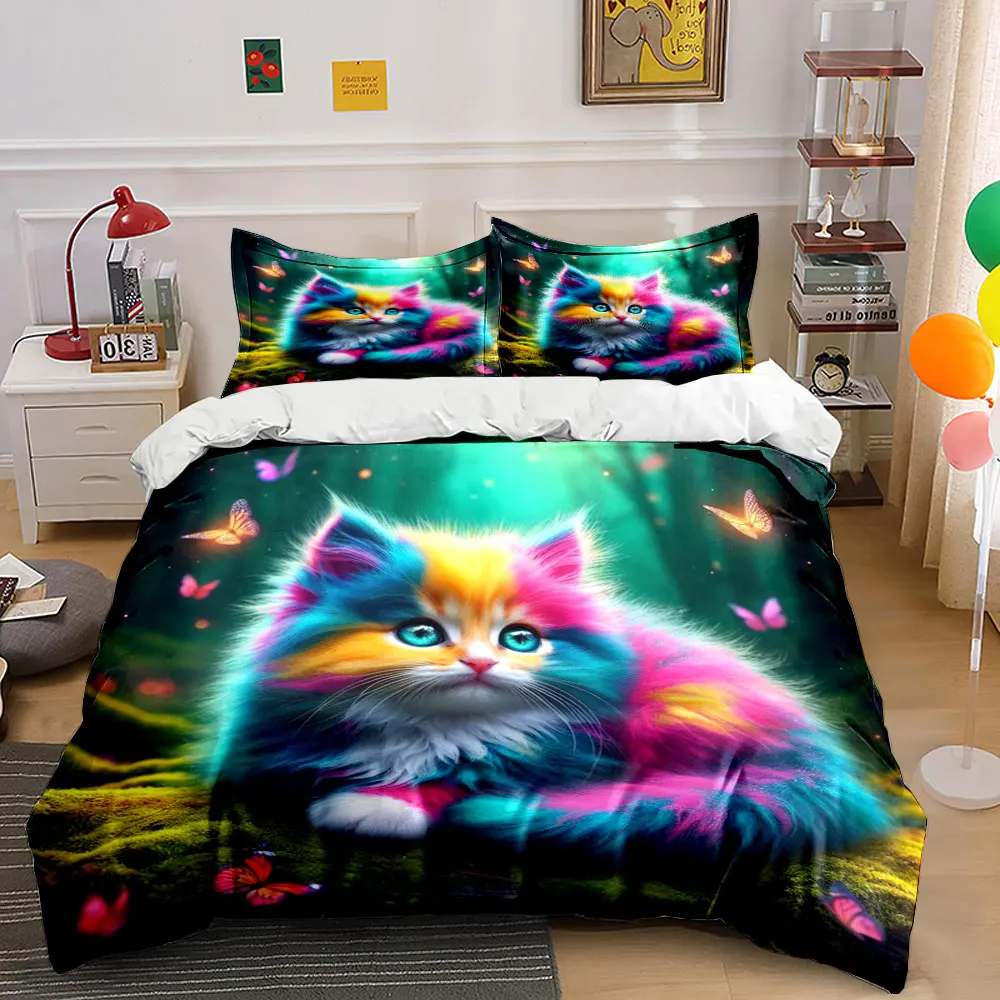 Rainbow cat in butterfly forest Printed Duvet Cover Set1 Duvet Cover+2 Pillowcase Multi Size Bedroom Bedding Decor