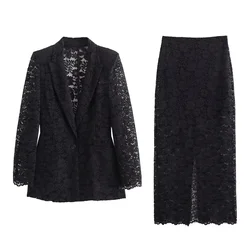 2024ZAR Summer New Women's Polo Collar Long sleeved Shoulder Padded Lace Suit Coat Mid length Skirt Set