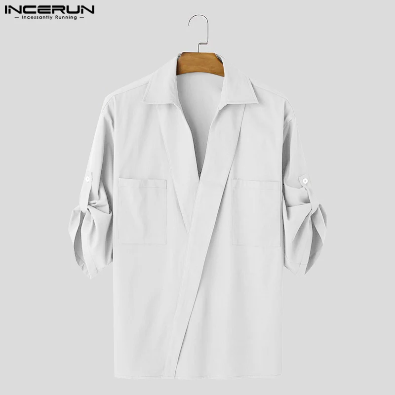 Fashion Casual Style Tops INCERUN New Men Loose Simple Pocket Design Shirt Handsome Male Solid All-match Mid Sleeve Blouse S-5XL