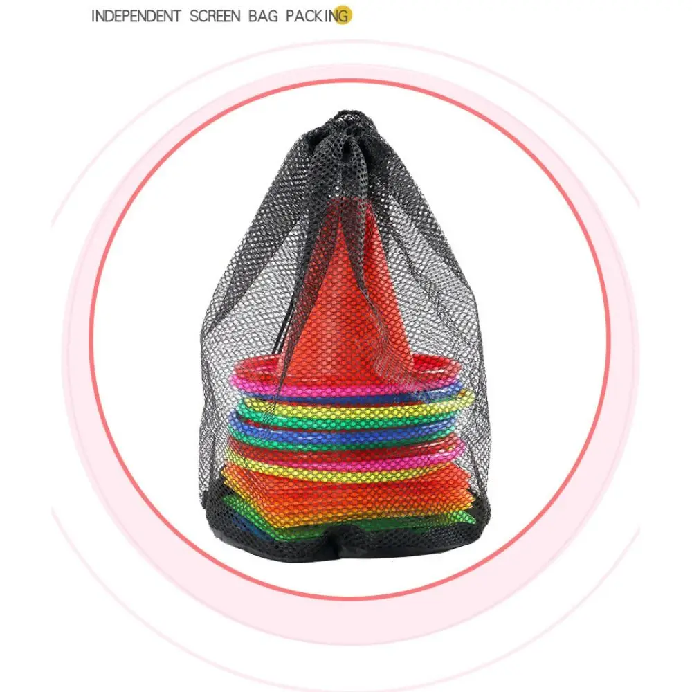 저장 메쉬 가방과 플라스틱 아이스크림 콘 후프 농구 축구 훈련 스포츠 토스 장난감 색상 무작위 6 콘 + 10 농구