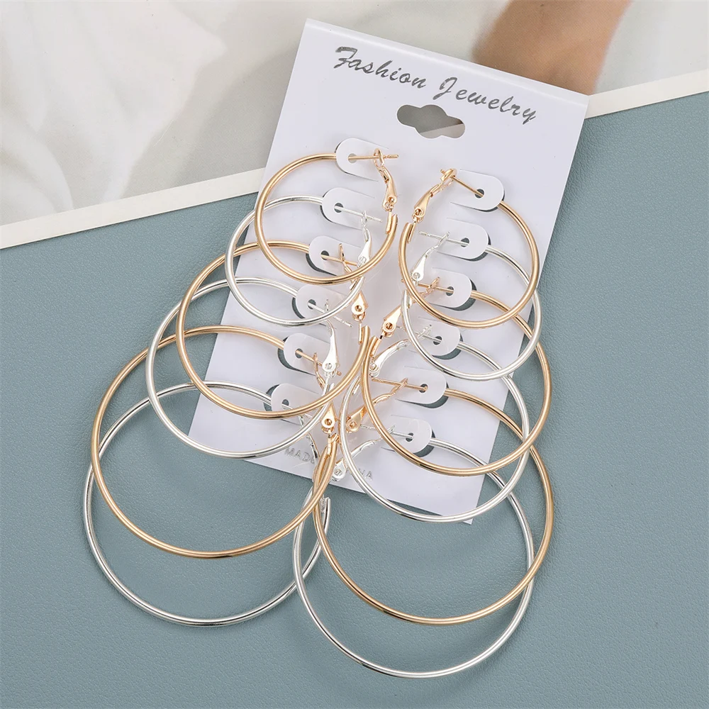 6 Pairs Hyperbole Big Gold Color Metal Hoop Earrings Set for Women Simple Round Circle Earring Female Silver Color Daily Jewelry