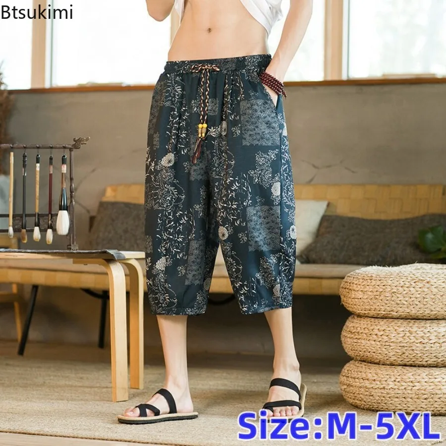 Chinese Style New Men's Retro Trend Casual Cropped Pants Summer Male Loose Oversized Wide Leg Floral Pants Fashion Men Clothing