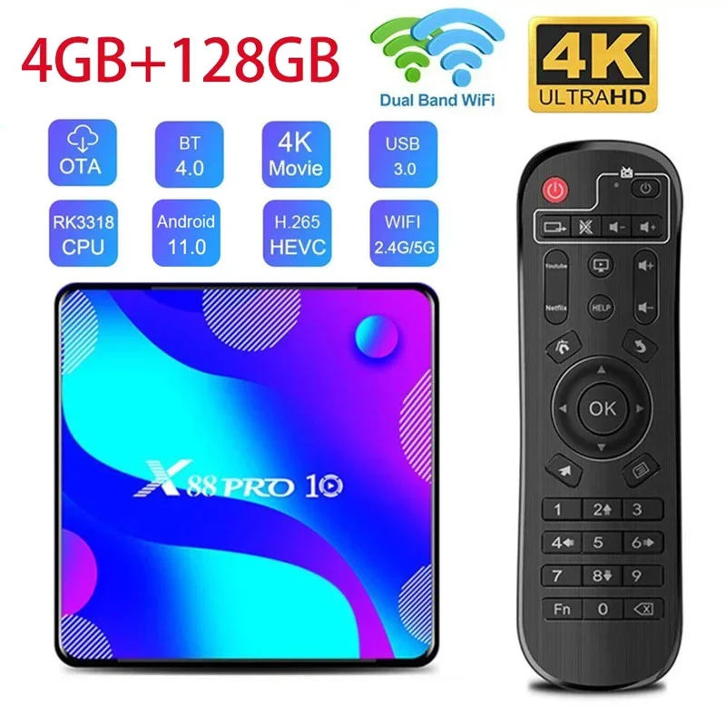 X88 Pro 10 Smart TV Box Android 11.0 RK3318 2.4G&5.8G Dual Wifi 4GB+128GB 3D Media Player BT4.0 4k HDR+ Set Top Box