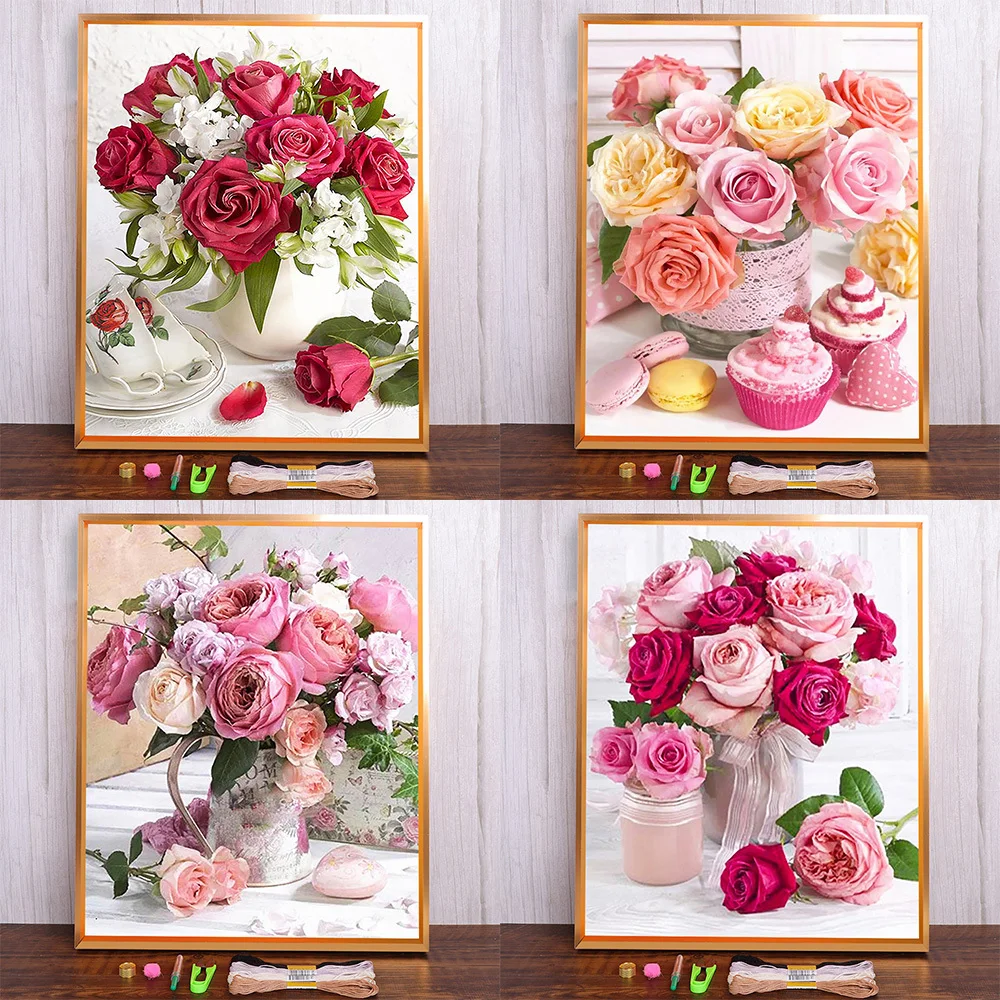 Flowers Rose Printed Canvas Cross-Stitch DIY Embroidery Full Kit Handmade Painting Knitting Sewing Wholesale Promotions Jewelry