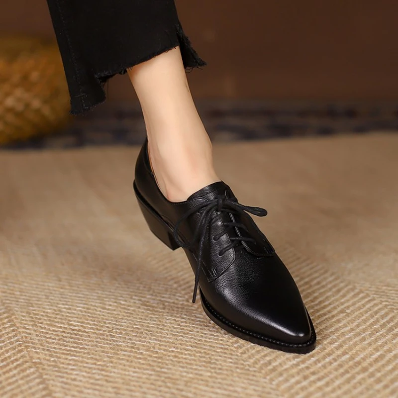 NEW Spring/Autumn Women Pumps Genuine Leather Shoes for Women Pointed Toe Chunky Heel Shoes Casual Black Lace-up Handmade Shoes