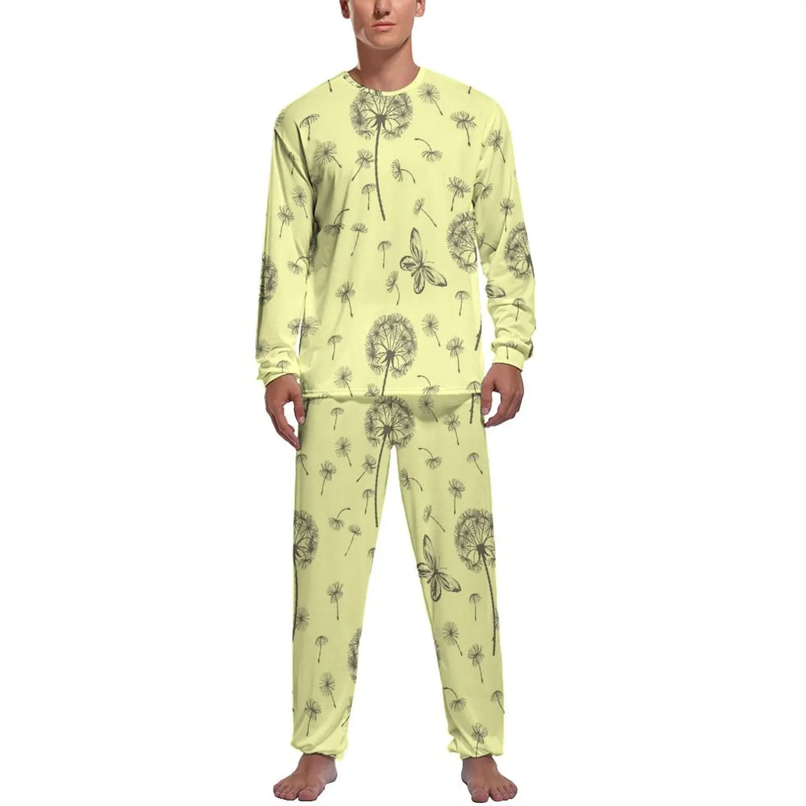 Dandelion Wishes Pajamas Butterfly Print Men Long-Sleeve Fashion Pajama Sets 2 Pieces Aesthetic Spring Graphic Home Suit Present